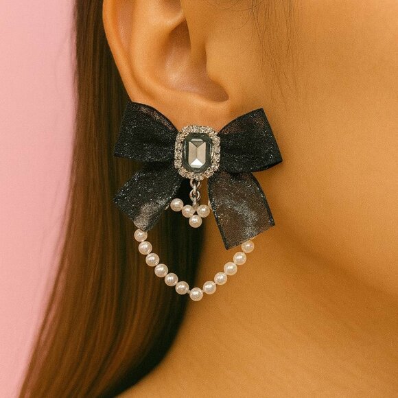Pearl Heart Bow Earrings — Elegant Black Ribbon Dangle Cute Jewelry - Picture 2 of 5